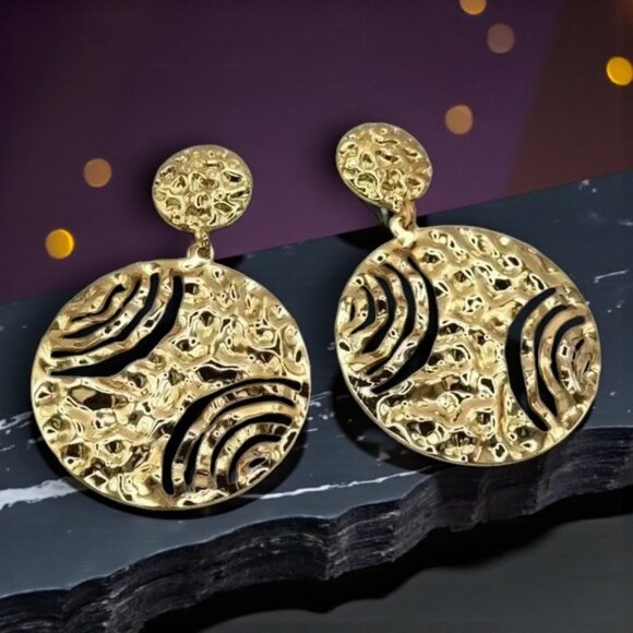 ๐๏ธModern Textured Round Statement Earrings Gold Plated Alloy Bold Chic Designer - Picture 11 of 13